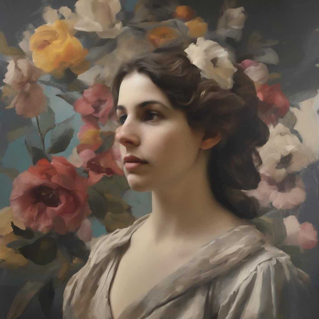 Ανθρώπινη γυναίκα πορτρέτο με φόντο λουλούδια, αναδείκνυοντας καλλιτέχνες και τα έργα που άλλαξαν την τέχνη.