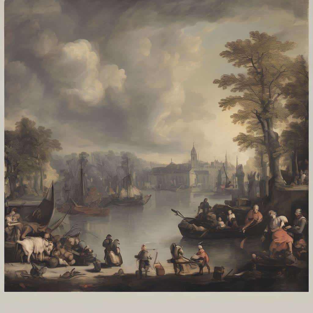 ζωγράφος και έργα που άλλαξαν την τέχνη, ρομαντικό τοπίο ποταμού με πλοία και ανθρώπους, ιστορική τέχνη, αναπαράσταση παλιάς εποχής, κλασικό έργο τέχνης.